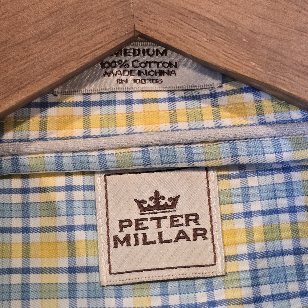Peter Millar 100% Cotton Button Up L/S Shirt Yellow/Blue Plaid Check, Men's Sz M - Picture 2 of 11